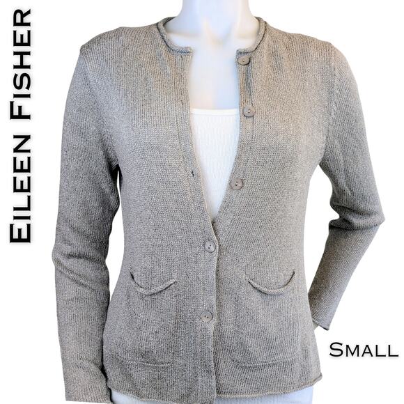 Eileen Fisher Silk Blend Button Cardigan Small Gray Knit Pockets Minimalist - Picture 1 of 10